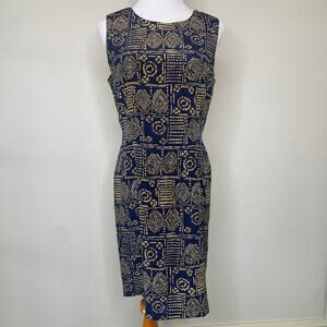 Silk Casual Corner Geometric Aztec Navy Brown Sheath Dress 8P